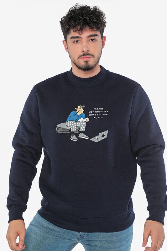 Men's Crew Neck Printed Three Thread Raised Sweatshirt