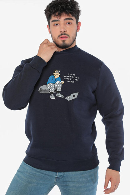 Men's Crew Neck Printed Three Thread Raised Sweatshirt