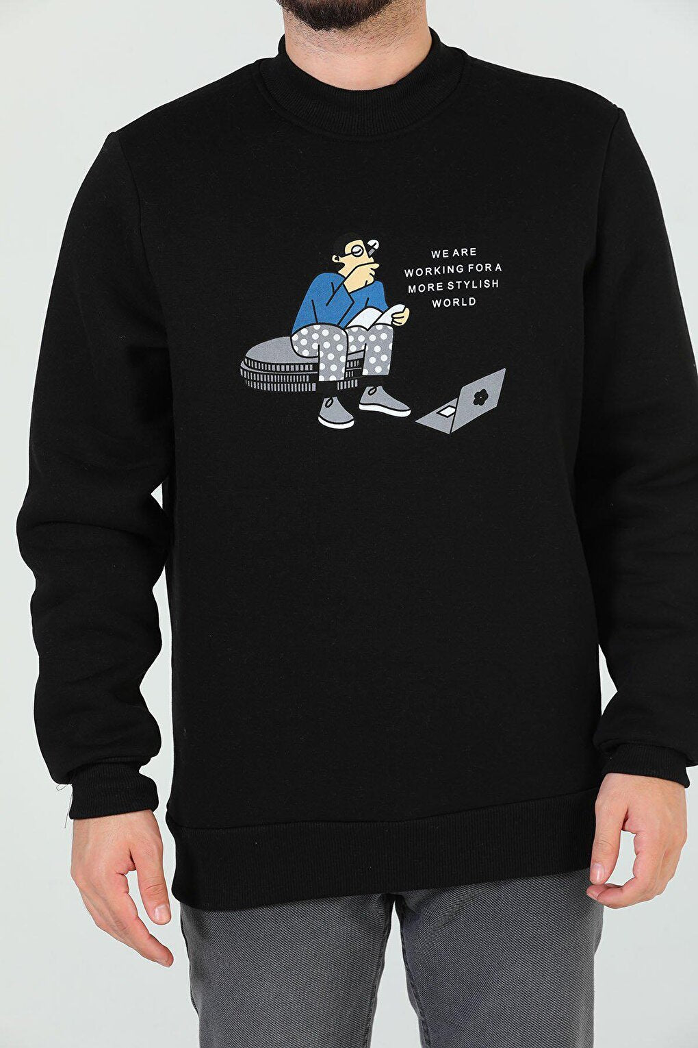 Men's Crew Neck Printed Three Thread Raised Sweatshirt