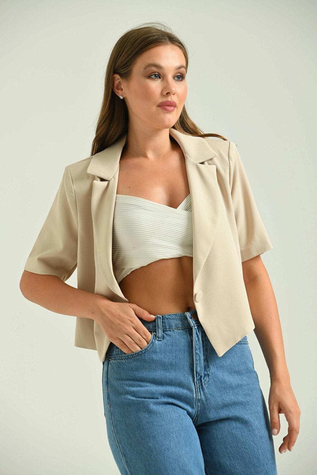 Women's Stone Open Collar Short Jacket