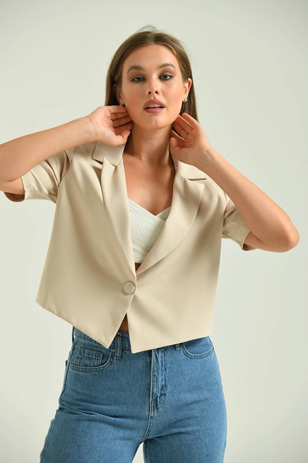 Women's Stone Open Collar Short Jacket