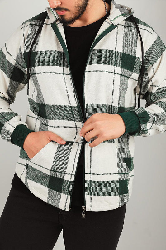 Men's Zippered Hooded Plaid Patterned Jacket Shirt