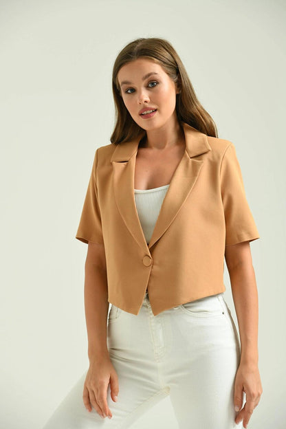 Women's Brown Open Collar Short Jacket