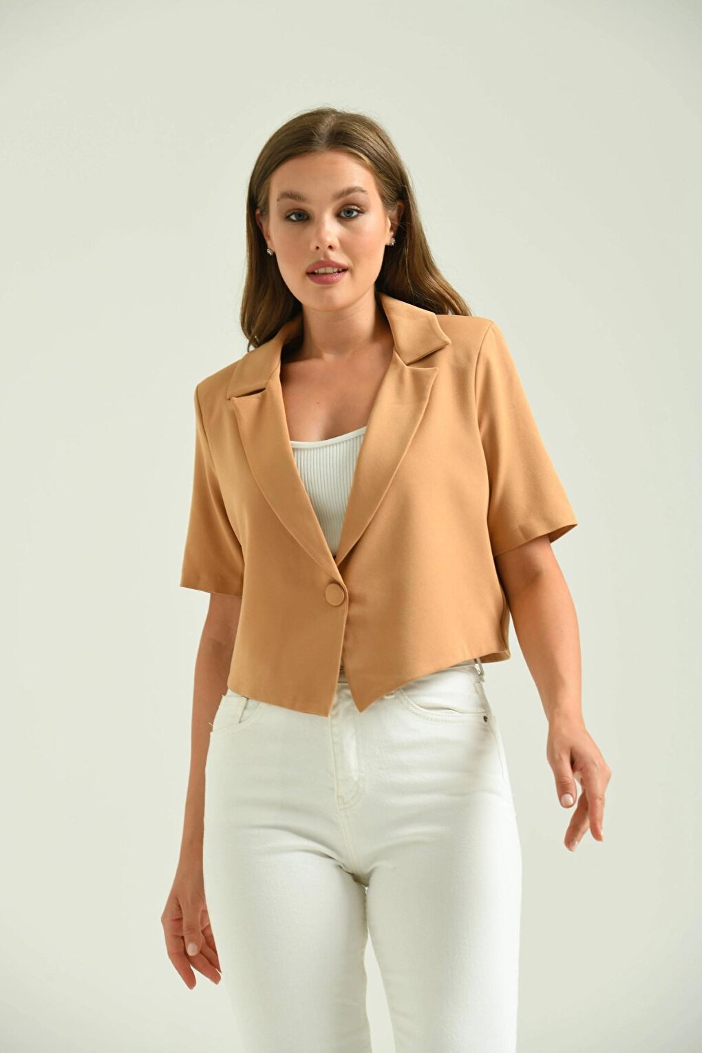 Women's Brown Open Collar Short Jacket