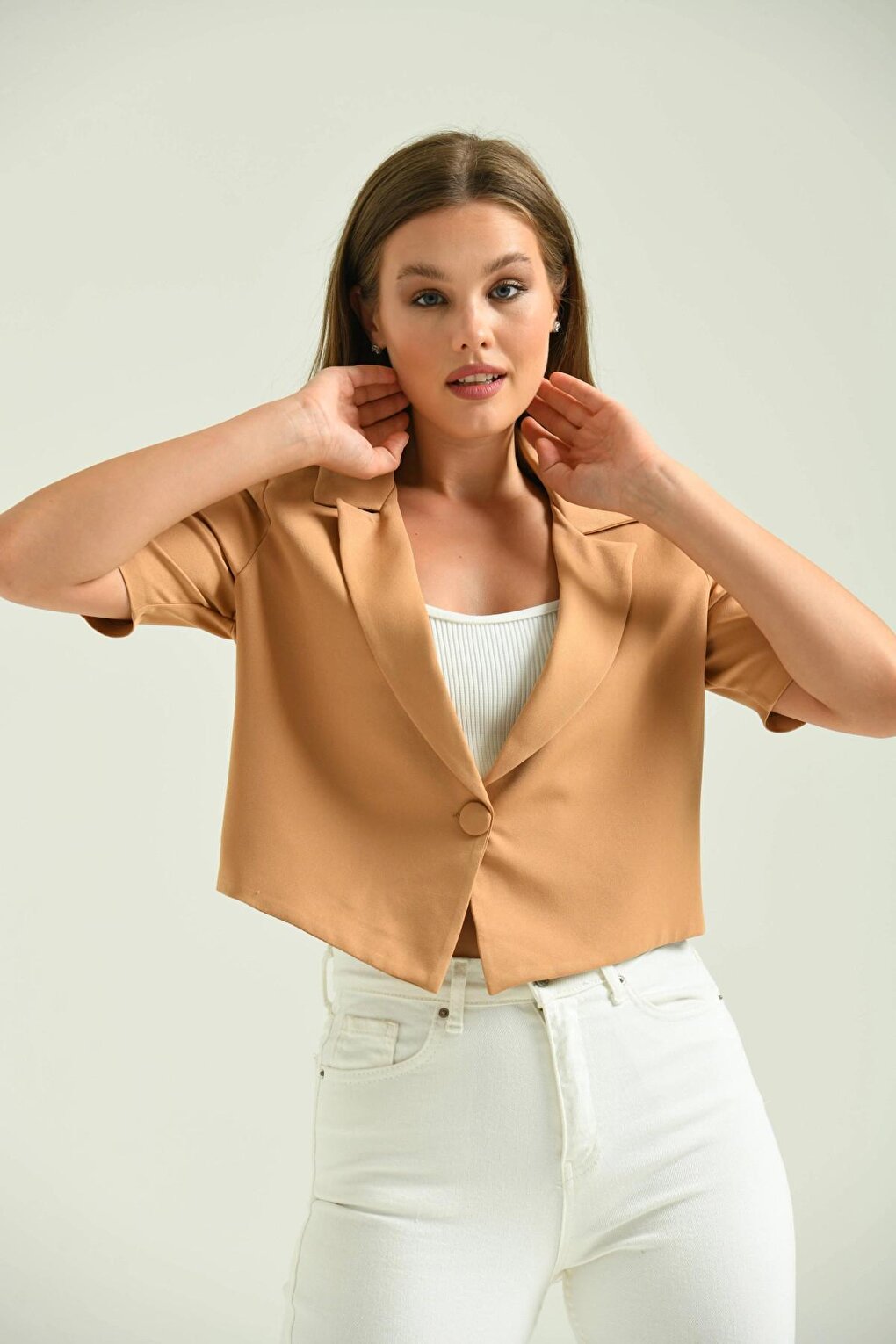 Women's Brown Open Collar Short Jacket