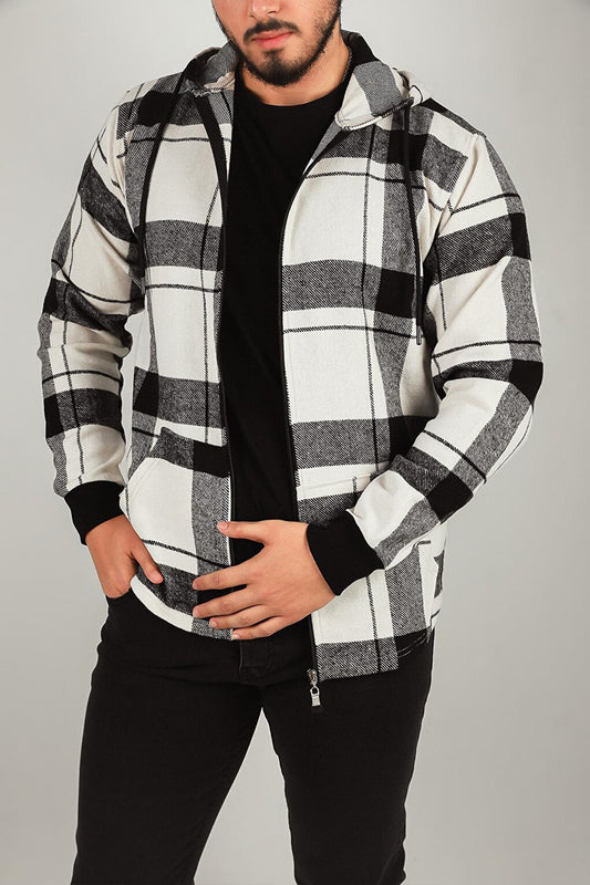 Men's Zippered Hooded Plaid Patterned Jacket Shirt