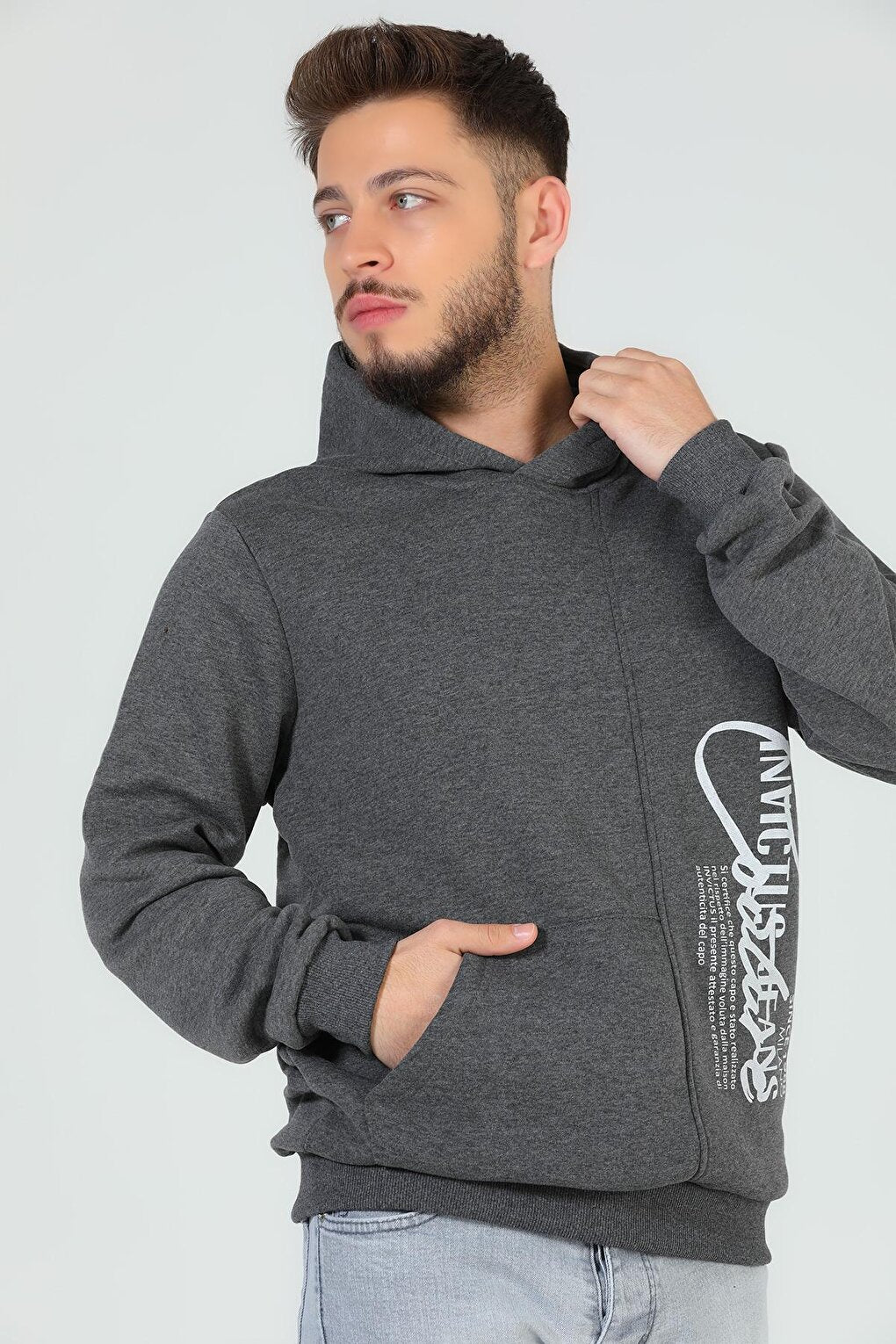 Men's Hooded Printed Three Thread Raised Sweatshirt