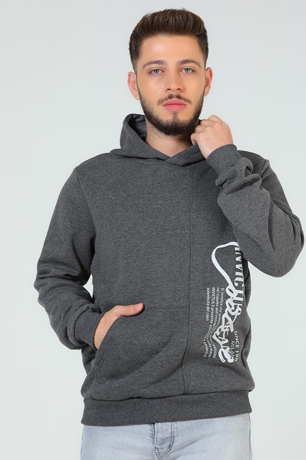 Men's Hooded Printed Three Thread Raised Sweatshirt