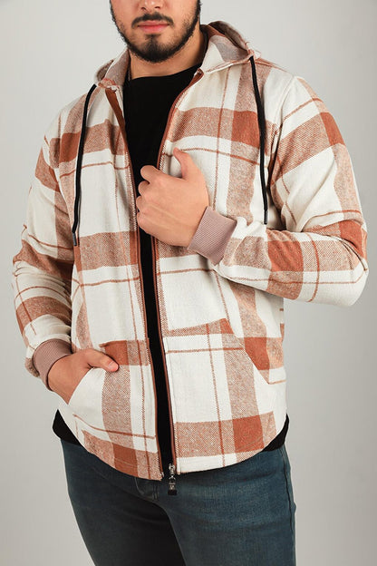 Men's Zippered Hooded Plaid Patterned Jacket Shirt