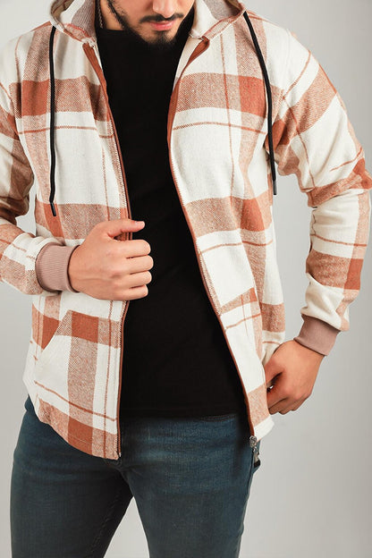 Men's Zippered Hooded Plaid Patterned Jacket Shirt