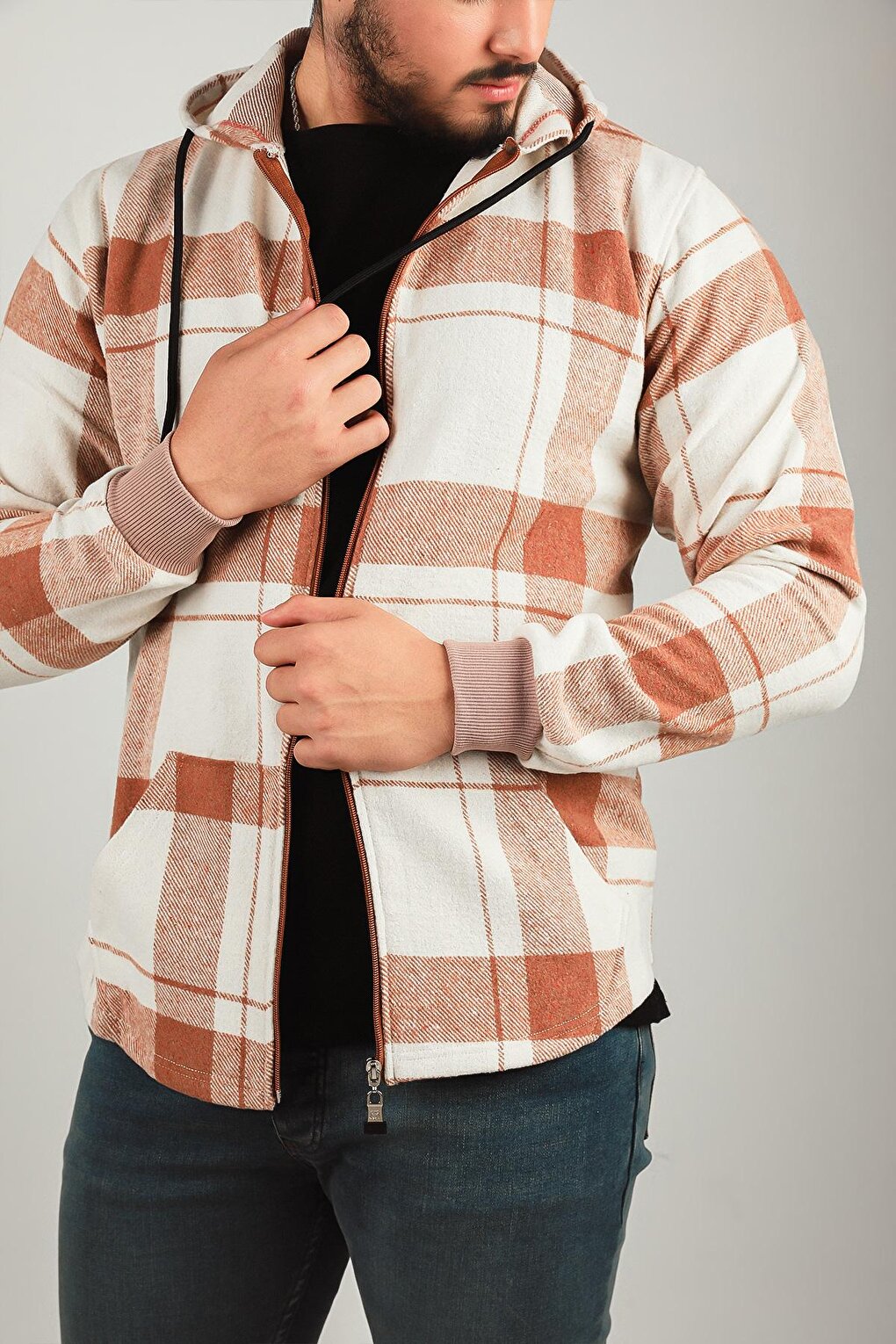 Men's Zippered Hooded Plaid Patterned Jacket Shirt