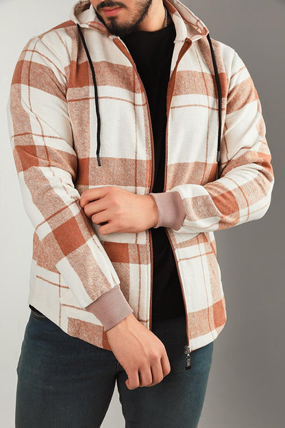 Men's Zippered Hooded Plaid Patterned Jacket Shirt