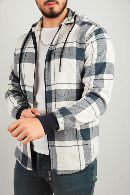 Men's Zippered Hooded Plaid Patterned Jacket Shirt