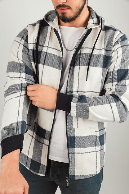 Men's Zippered Hooded Plaid Patterned Jacket Shirt