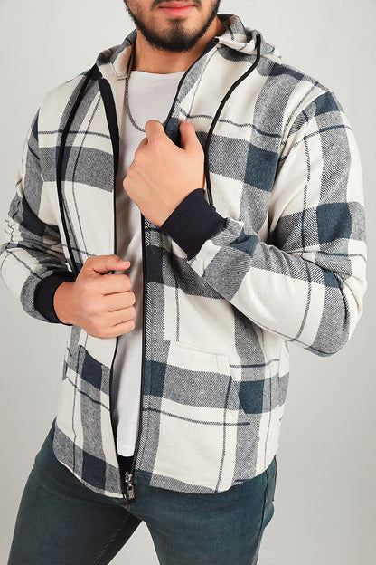 Men's Zippered Hooded Plaid Patterned Jacket Shirt