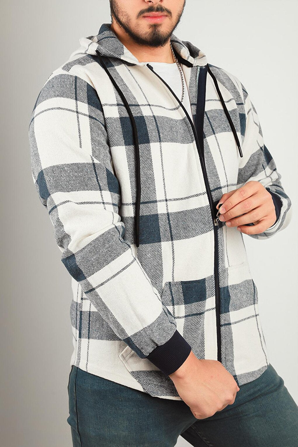 Men's Zippered Hooded Plaid Patterned Jacket Shirt