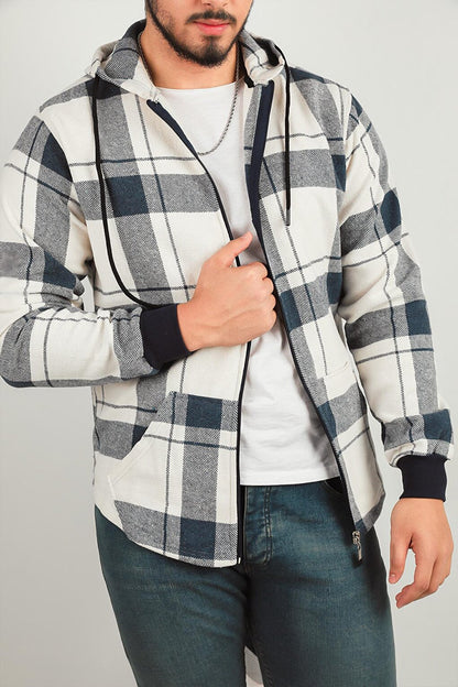 Men's Zippered Hooded Plaid Patterned Jacket Shirt