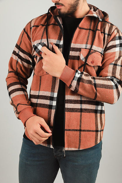 Men's Zippered Hooded Plaid Patterned Jacket Shirt