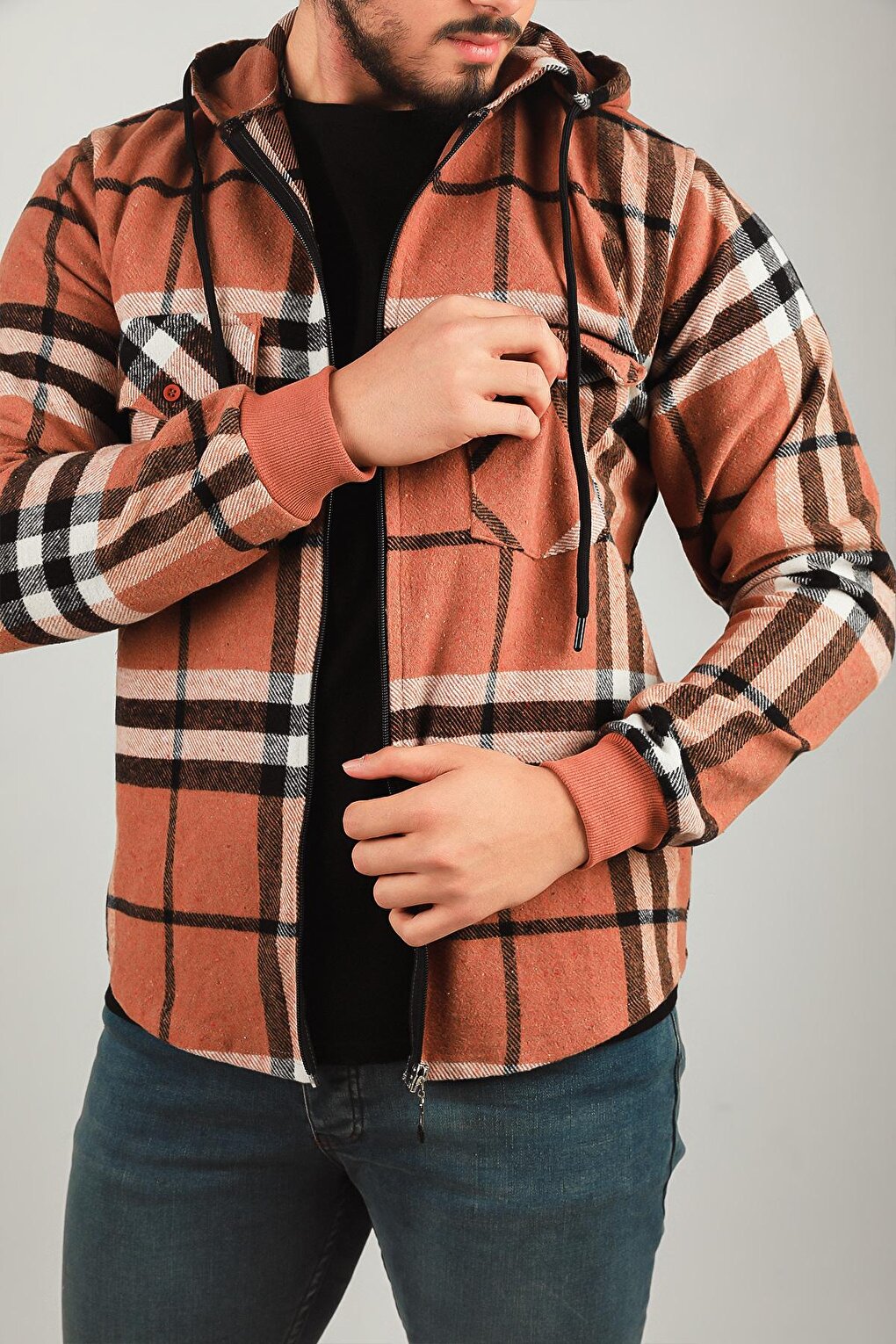 Men's Zippered Hooded Plaid Patterned Jacket Shirt