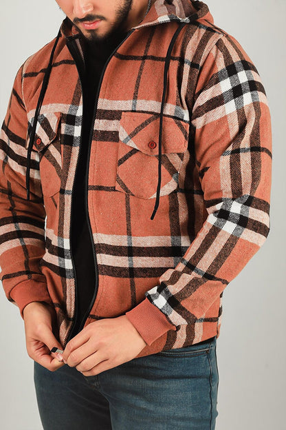 Men's Zippered Hooded Plaid Patterned Jacket Shirt