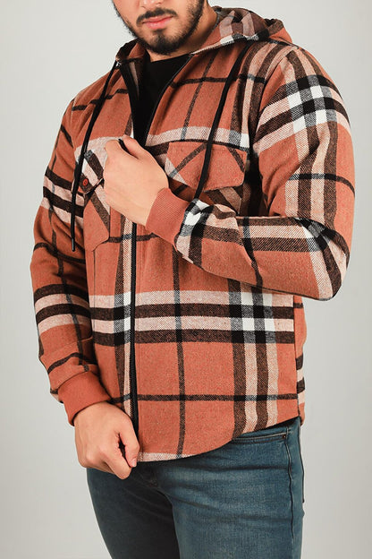 Men's Zippered Hooded Plaid Patterned Jacket Shirt