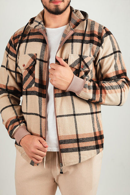 Men's Zippered Hooded Plaid Patterned Jacket Shirt