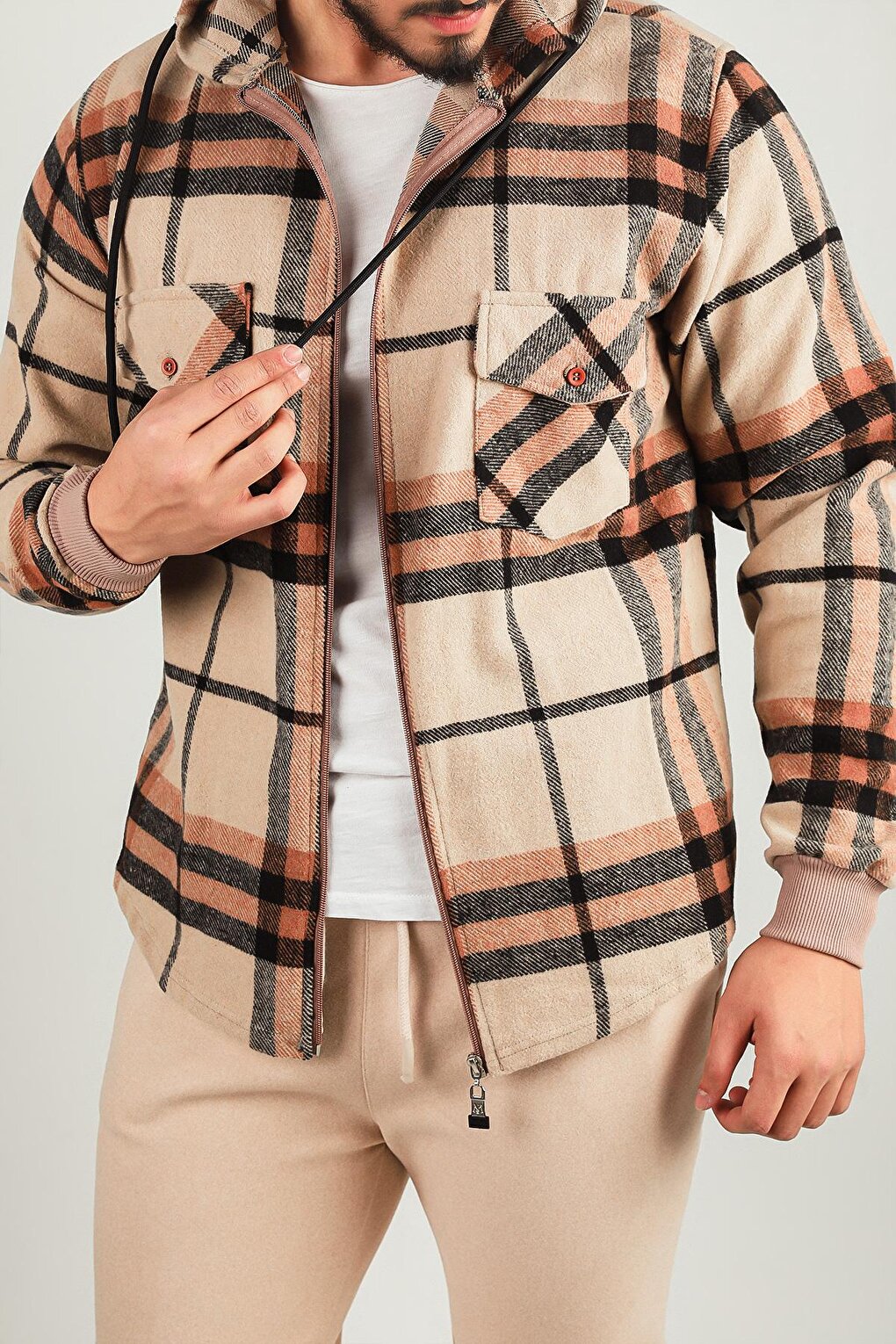 Men's Zippered Hooded Plaid Patterned Jacket Shirt