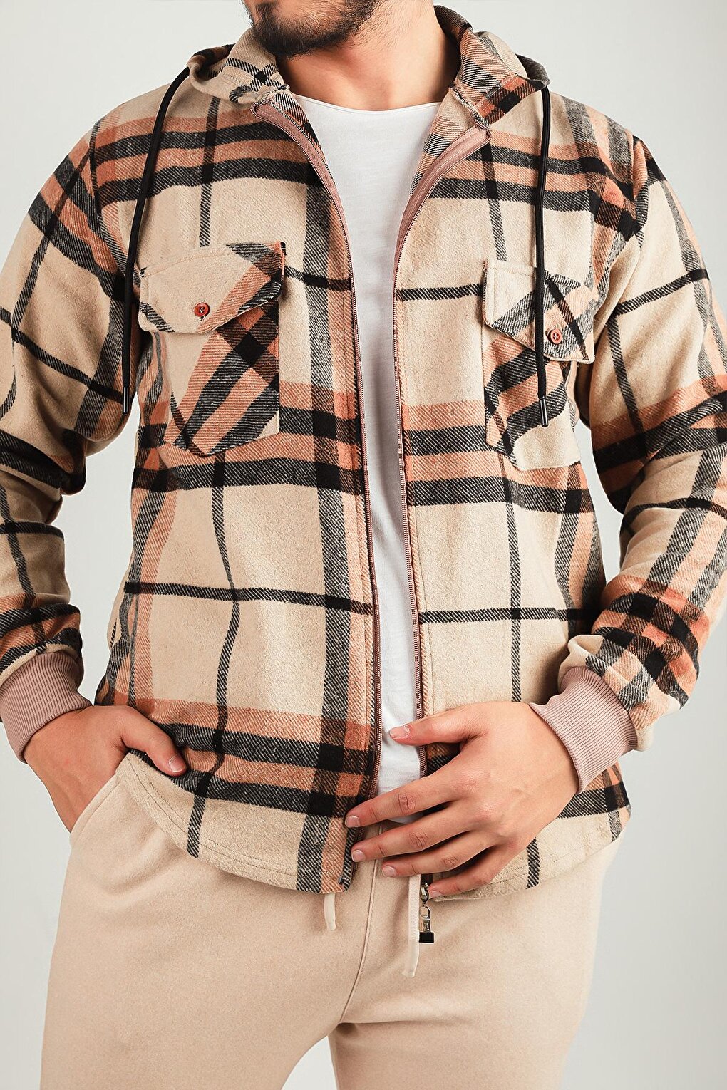 Men's Zippered Hooded Plaid Patterned Jacket Shirt