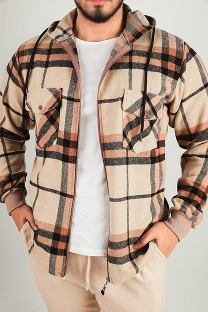 Men's Zippered Hooded Plaid Patterned Jacket Shirt