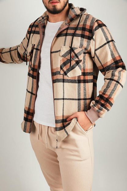 Men's Zippered Hooded Plaid Patterned Jacket Shirt