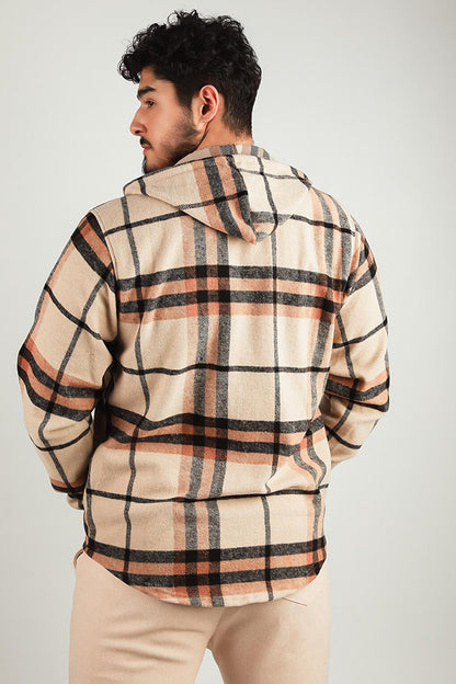 Men's Zippered Hooded Plaid Patterned Jacket Shirt