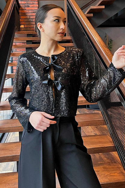 Sequin Detailed Front Low Cut Crop Top Women's Blouse