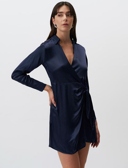 Navy Blue Long Sleeve Double Breasted Neck Satin Dress