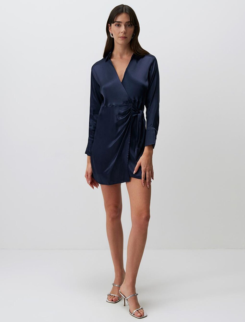 Navy Blue Long Sleeve Double Breasted Neck Satin Dress