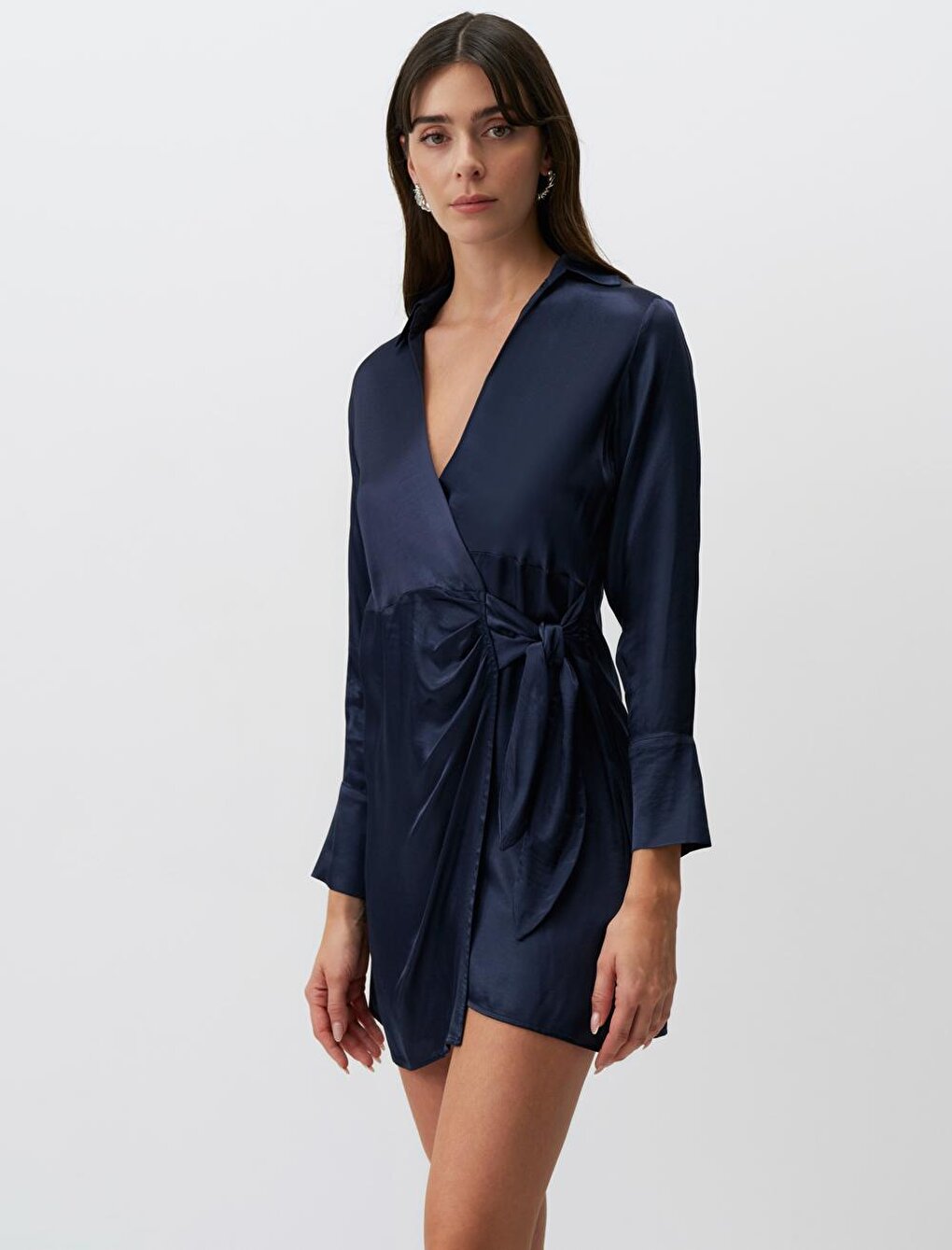 Navy Blue Long Sleeve Double Breasted Neck Satin Dress