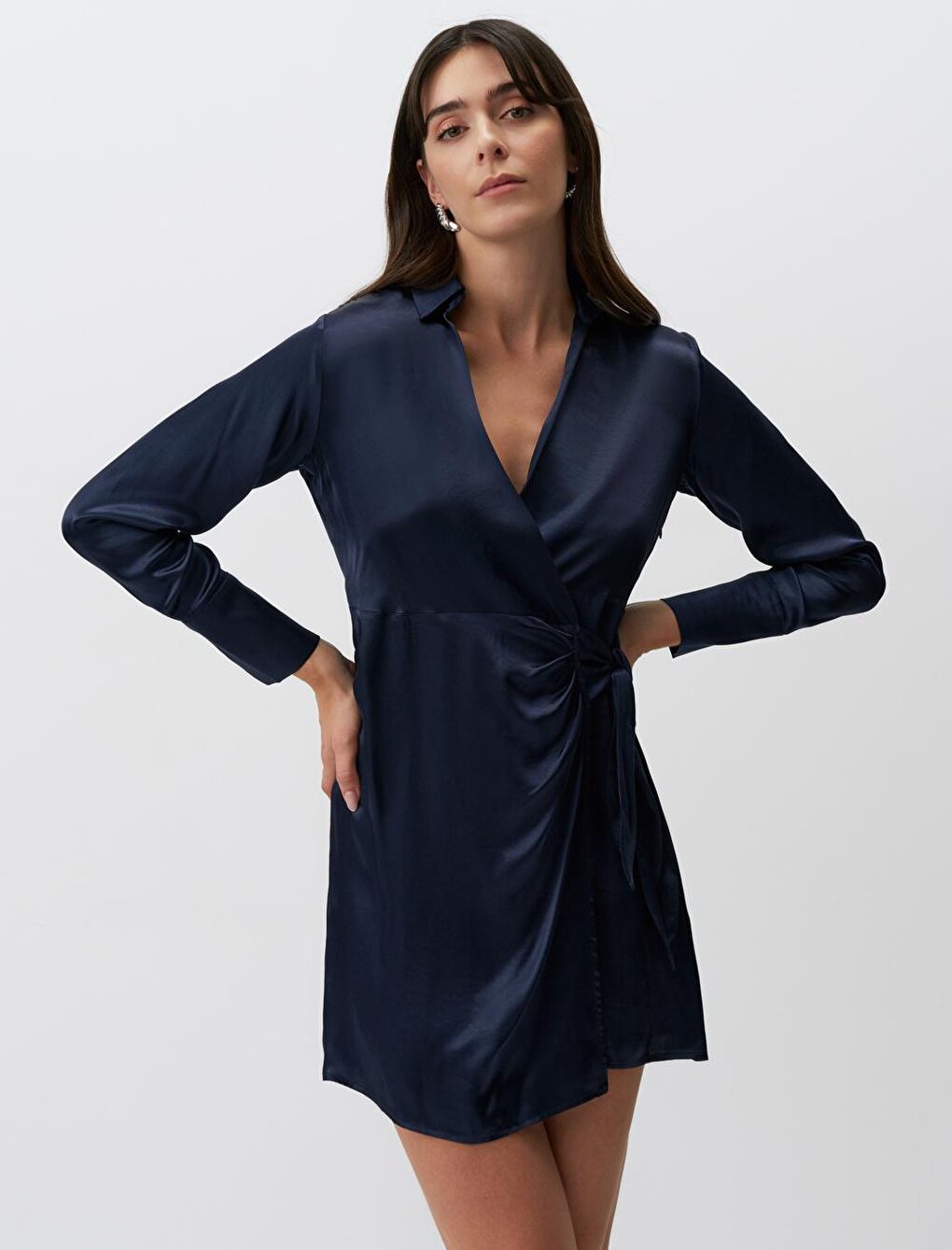 Navy Blue Long Sleeve Double Breasted Neck Satin Dress