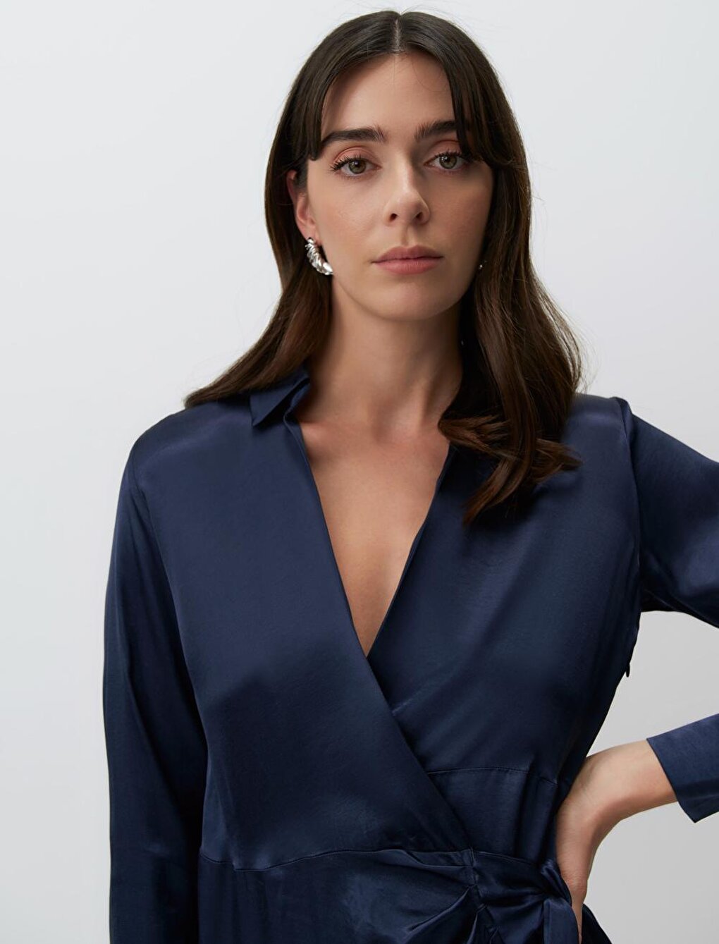 Navy Blue Long Sleeve Double Breasted Neck Satin Dress