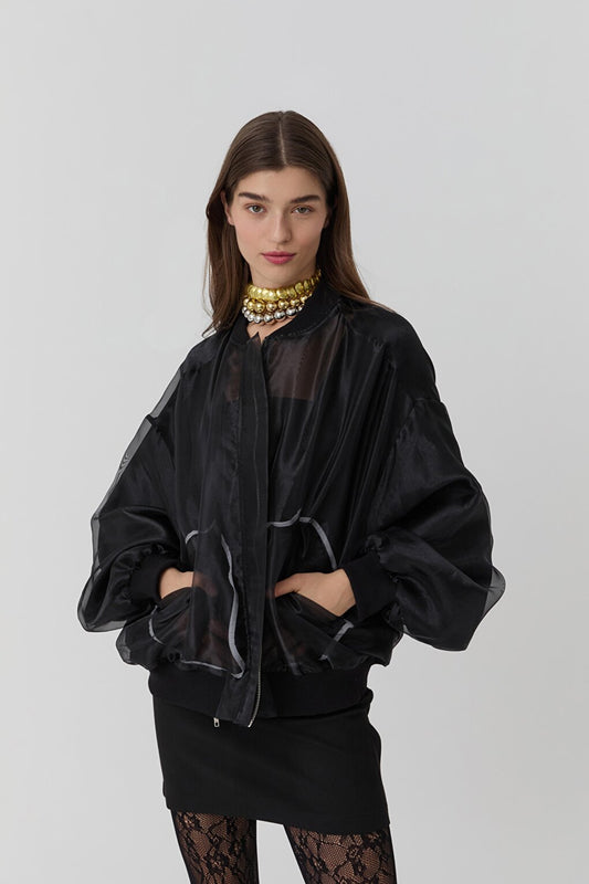 Pocket Detailed Organza Tulle Jacket Black