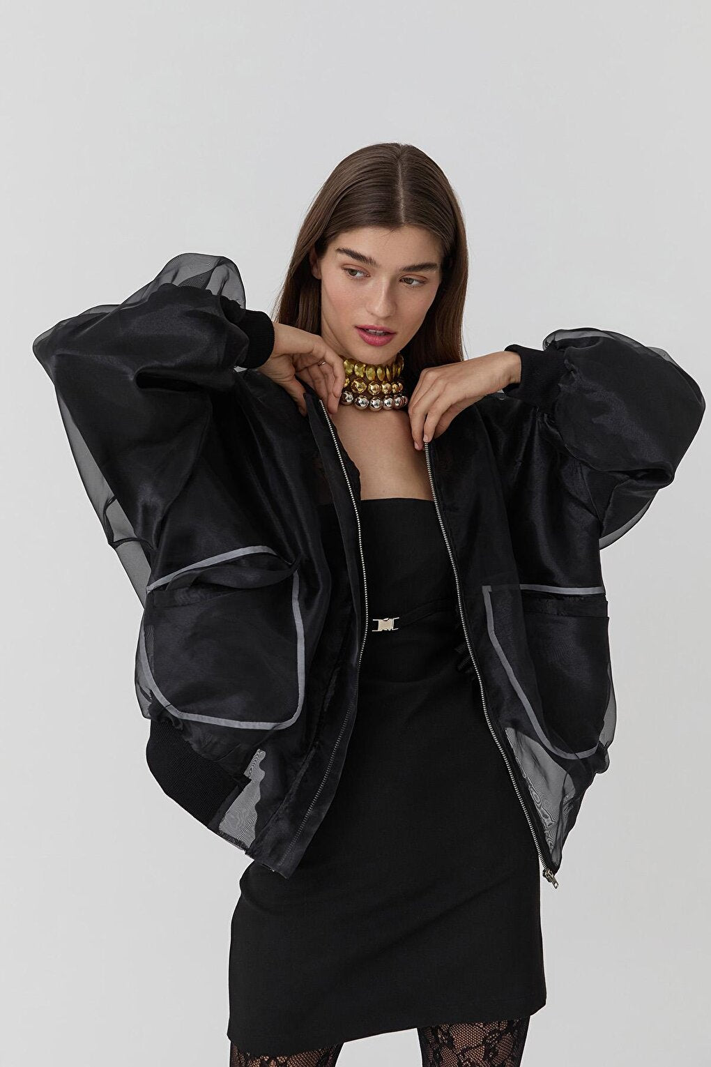 Pocket Detailed Organza Tulle Jacket Black