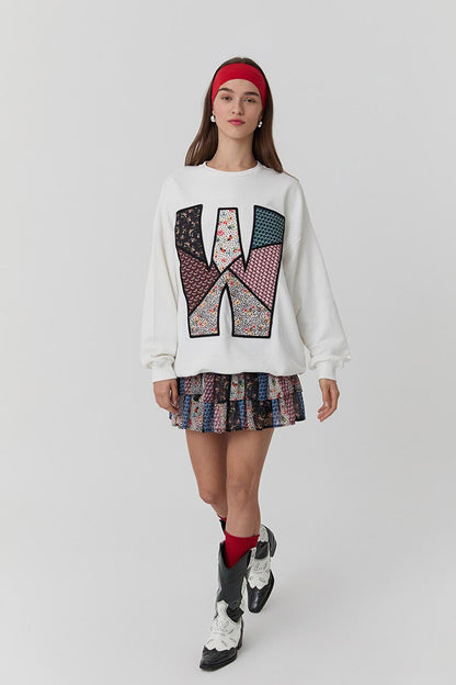 Floral Patterned Embroidered Oversize Sweatshirt Ecru