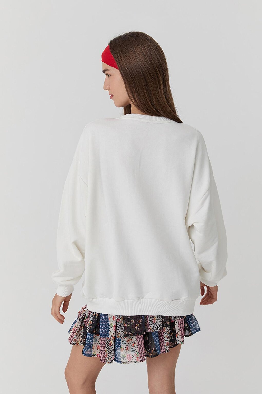 Floral Patterned Embroidered Oversize Sweatshirt Ecru