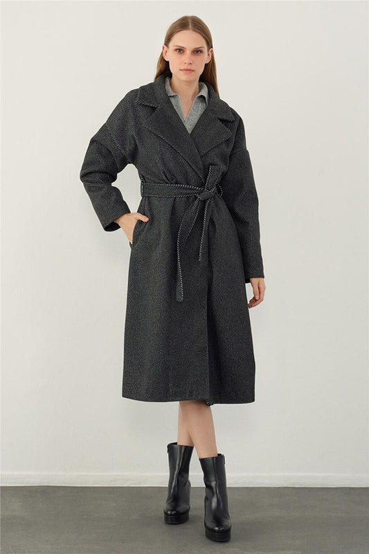 Anthracite Herringbone Patterned Belted Coat