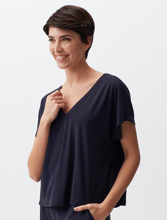 Navy Blue V-Neck Short Sleeve Plain Blouse