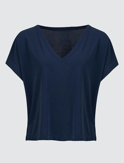 Navy Blue V-Neck Short Sleeve Plain Blouse