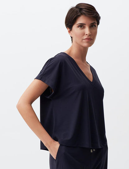 Navy Blue V-Neck Short Sleeve Plain Blouse