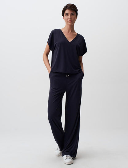 Navy Blue V-Neck Short Sleeve Plain Blouse