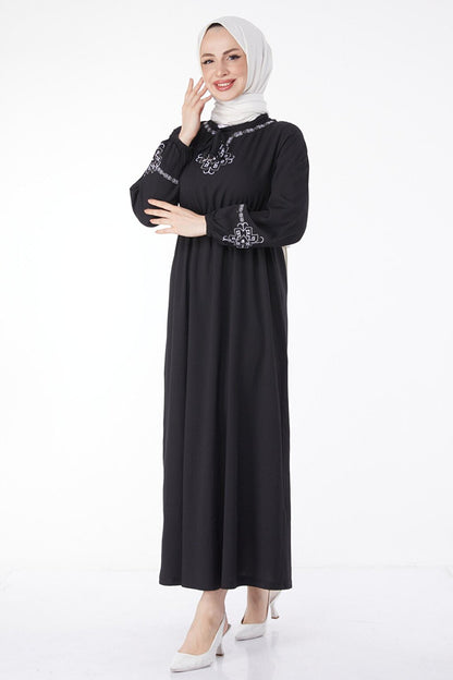 Straight Crew Neck Women's Black Long Sleeve Embroidered Dress - 13124