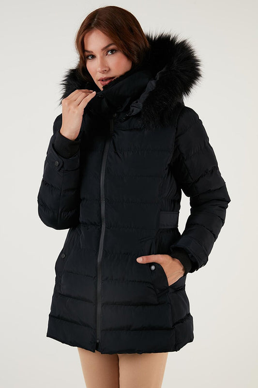 Removable Hooded Puffer Coat with Feather Collar 497YASMIN21