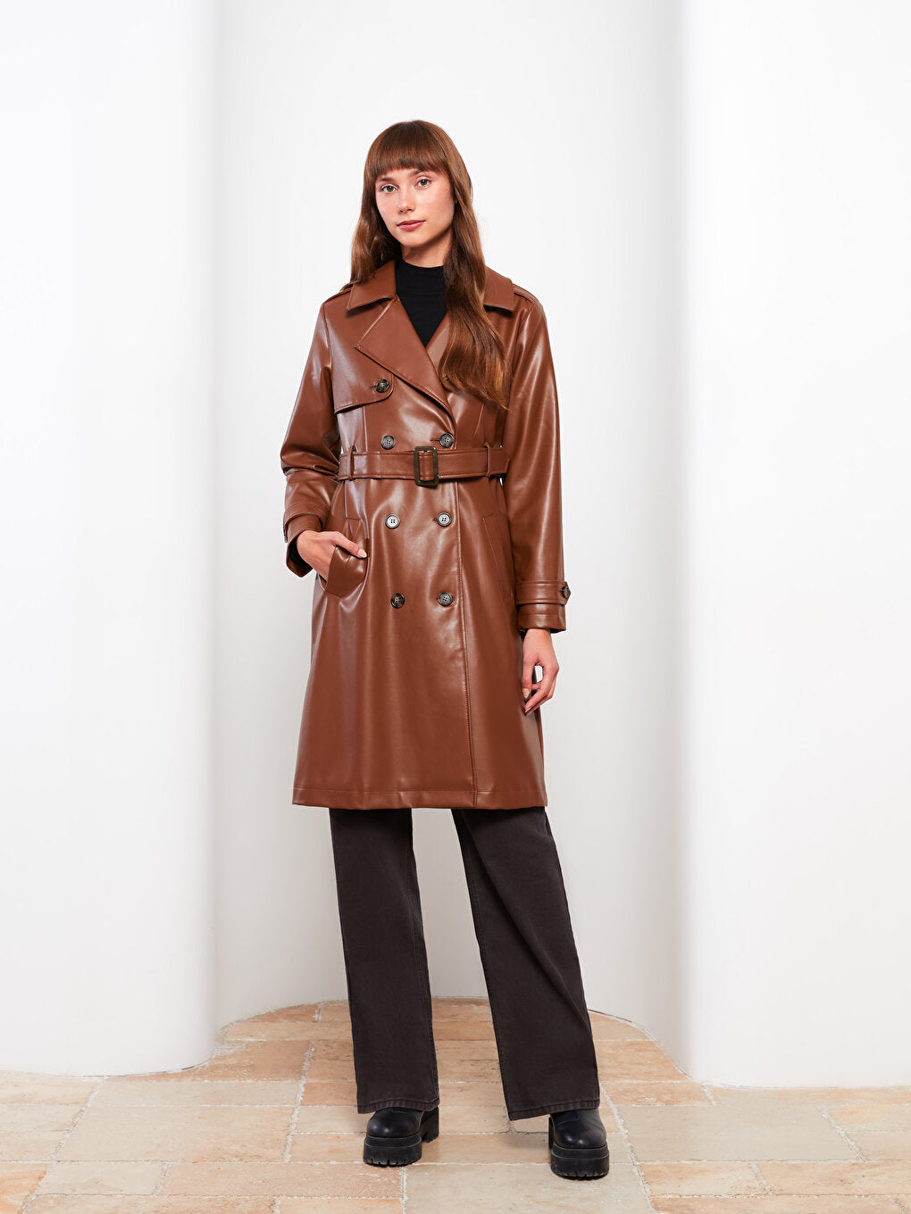 Jacket Collar Plain Long Sleeve Women's Leather Look Coat