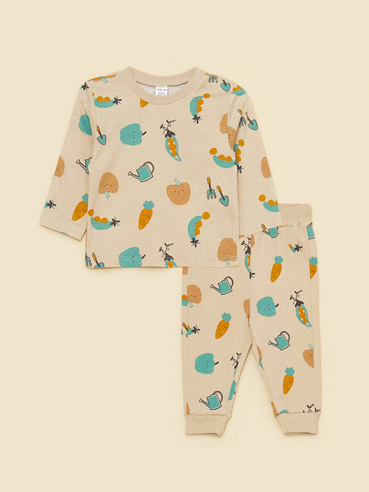 Crew Neck Long Sleeve Printed Baby Boy T-Shirt and Trousers 2-Piece Set